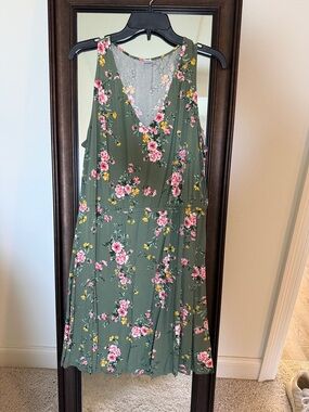 Old Navy Olive Green Floral Midi Dress with Pink & Yellow Blossoms